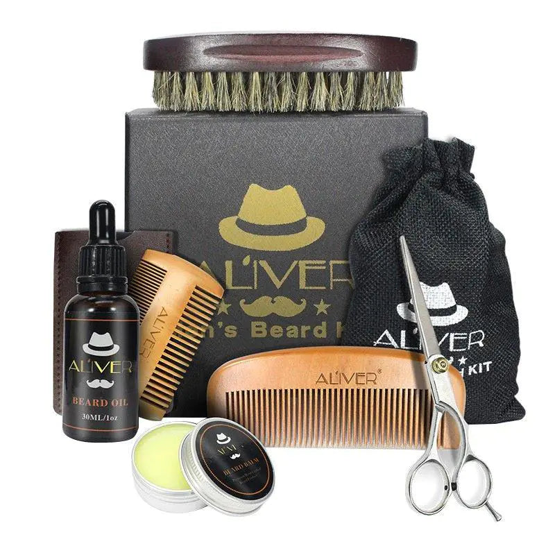 Aliver beard grooming kit with comb, oil, balm, scissors, and brush on a white background