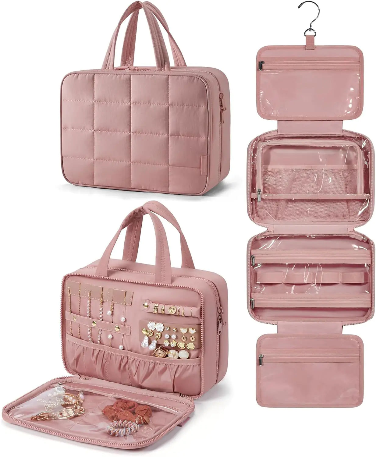 Pink travel organizer with various compartments on a white background