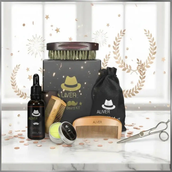 Beard grooming kit with various tools and products on a decorative background