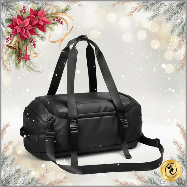 Black duffel bag with Christmas decorations on a white background