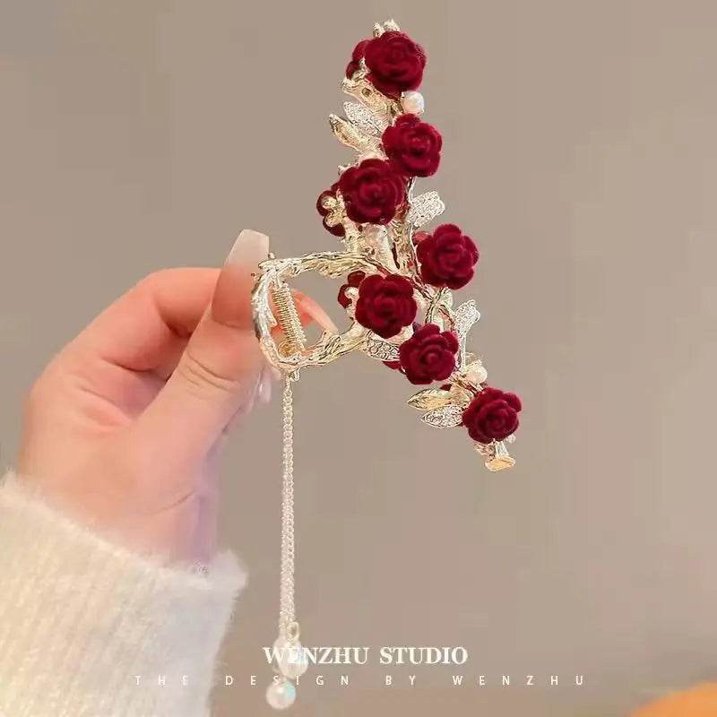 Rose Floral Butterfly Hair Claw Clip with Tassel – Chic Hair Accessory for Women - ChicstyleX