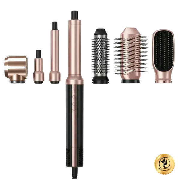 Set of rose gold and black hair styling tools on a white background