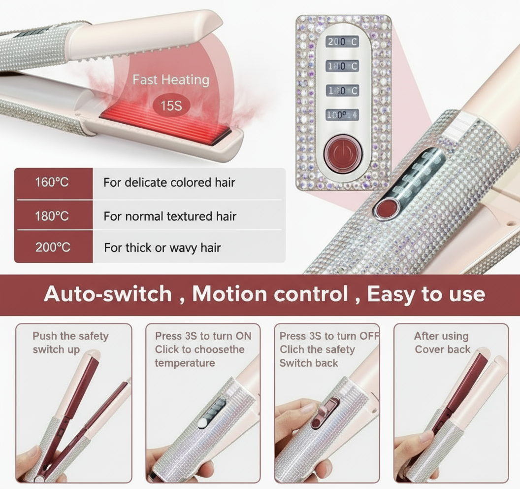 TressLock™ DiamondSilk 2-in-1 Cordless Hair Straightener & Curler – Ceramic Wireless Styling Tool for Smooth & Shiny Hair - ChicstyleX