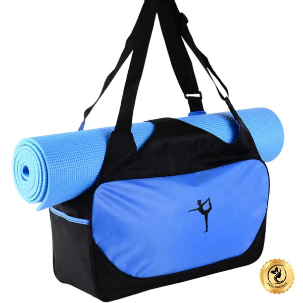 Blue and black duffel bag with a yoga mat rolled up, featuring a logo on a white background.