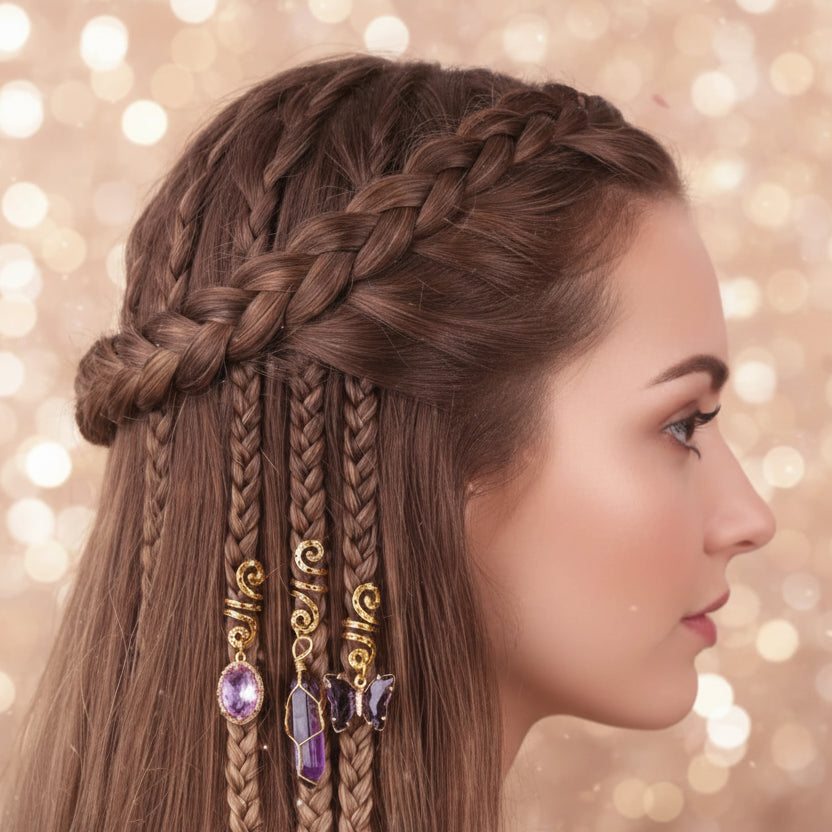 TresslockX™ Braided Elegance Hair Clips | Stone Bead & Glass Pendant Combination Accessories (Set of 3) - ChicstyleX