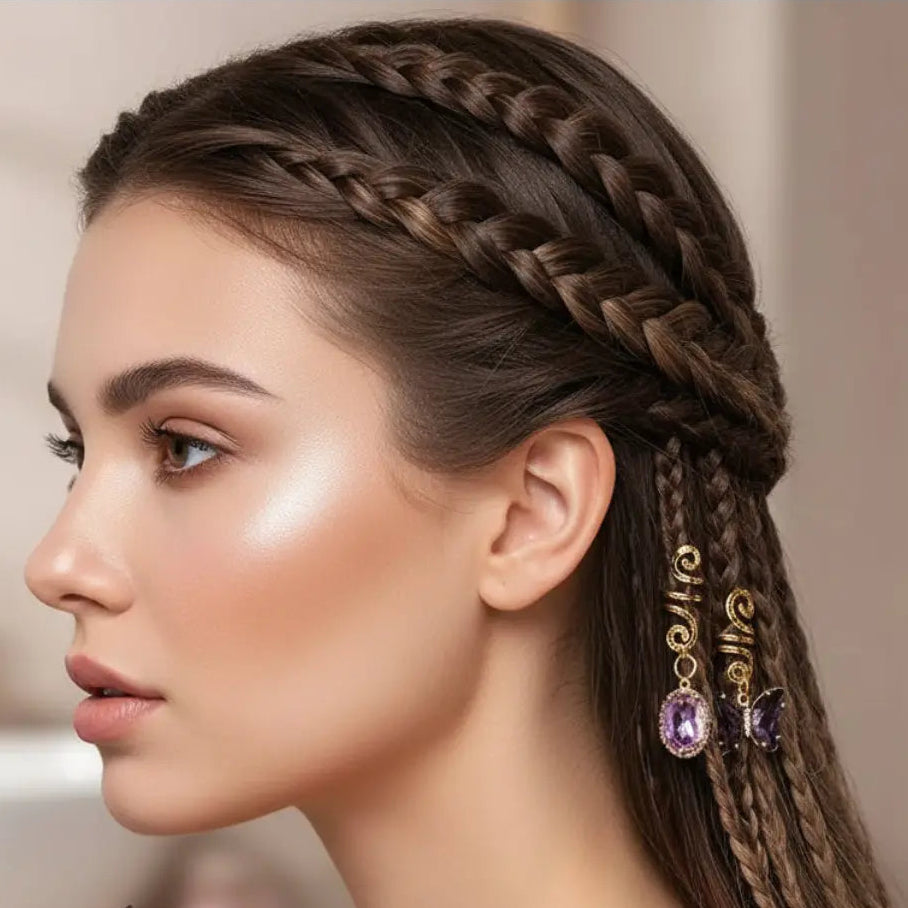 TresslockX™ Braided Elegance Hair Clips | Stone Bead & Glass Pendant Combination Accessories (Set of 3) - ChicstyleX