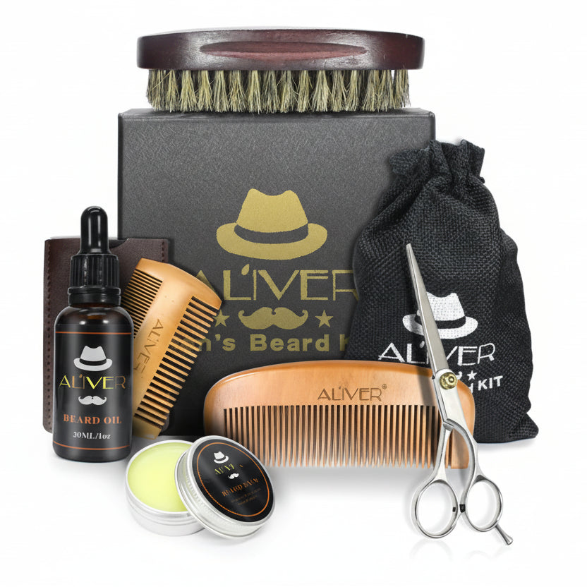 Aliver beard grooming kit with various tools and products on a white background