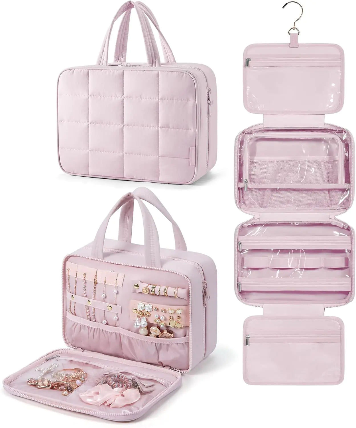 Pink travel organizer with various compartments on a white background