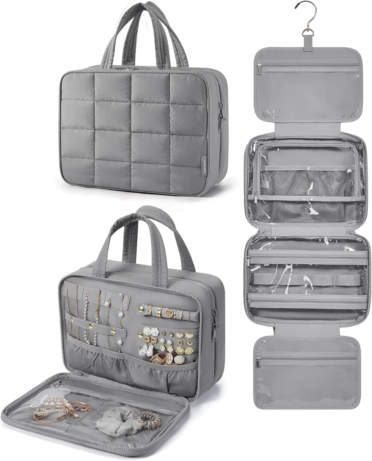 Gray jewelry organizer with multiple compartments on a white background