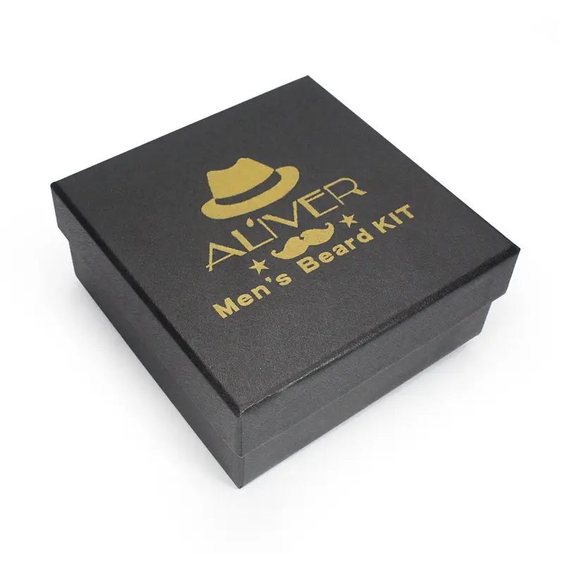 Black box with 'Aliver Men's Beard Kit' text and logo on a white background