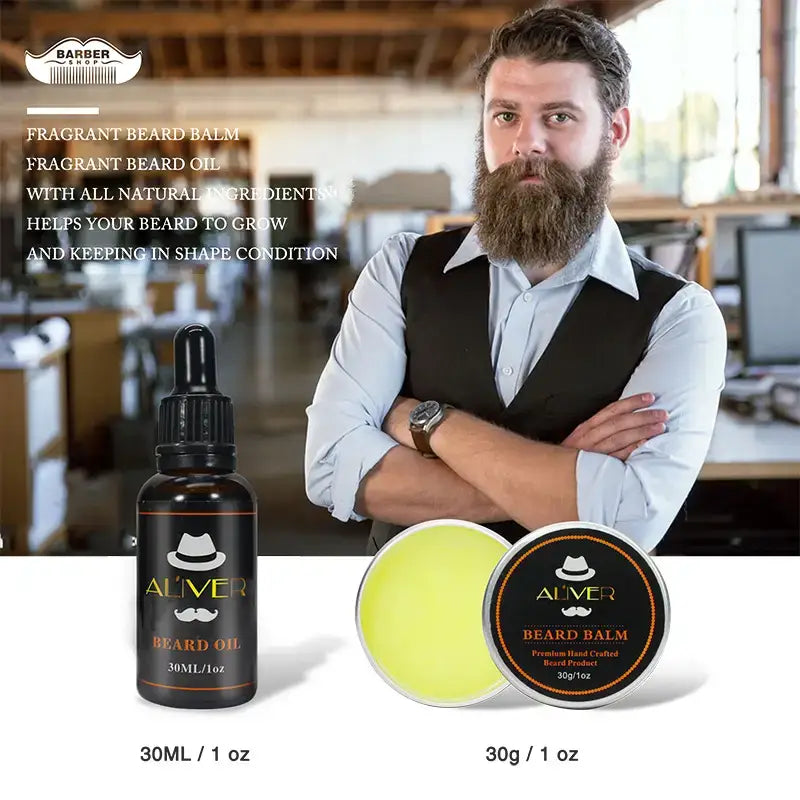 Man with a beard standing next to Alver beard oil and balm products in an office setting.