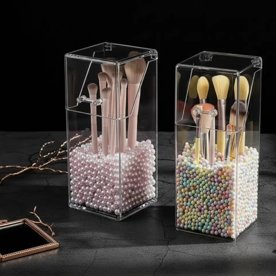 GlamLuxeX™ Transparent Acrylic Makeup Brush Storage Bucket – Dustproof Flip Cover Organizer with Colorful Pearls for Vanity & Cosmetic Brushes - ChicstyleX
