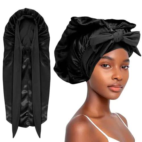 Extra-Large Satin Sleep Bonnet – Black Hair Cap for Braids, Curly & Long Hair - ChicstyleX
