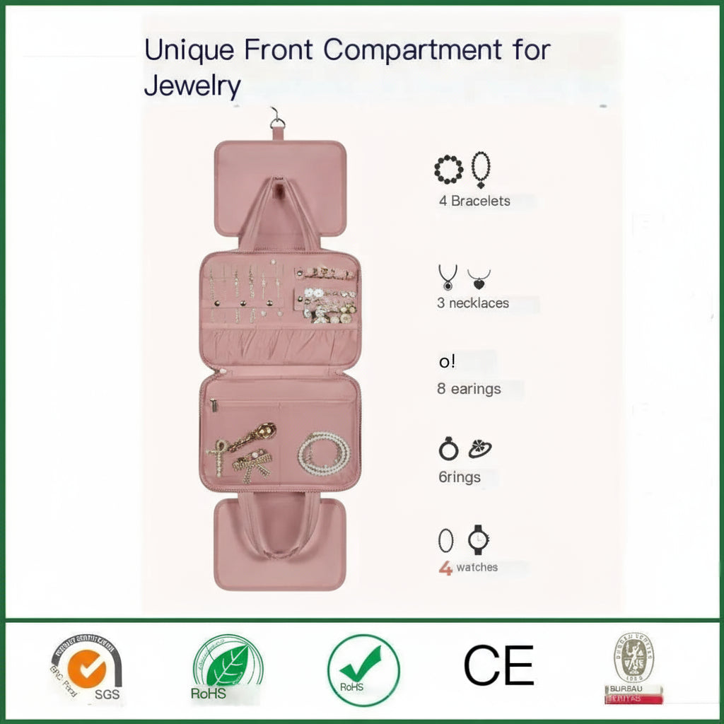 Pink jewelry organizer with compartments for jewelry on a white background