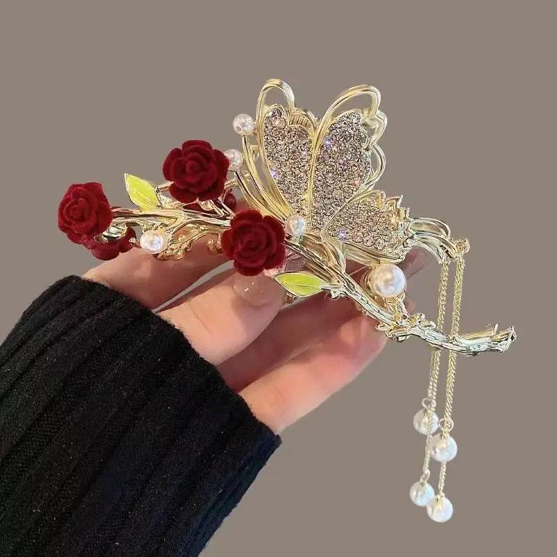 Rose Floral Butterfly Hair Claw Clip with Tassel – Chic Hair Accessory for Women - ChicstyleX