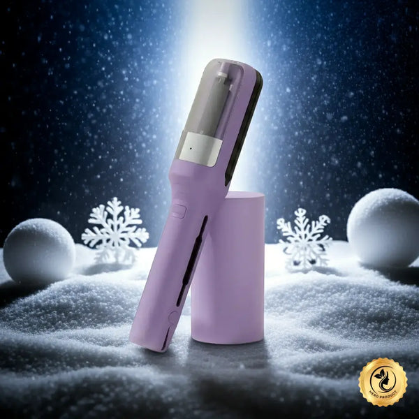 Purple hair straightener on a snowy background with snowflakes