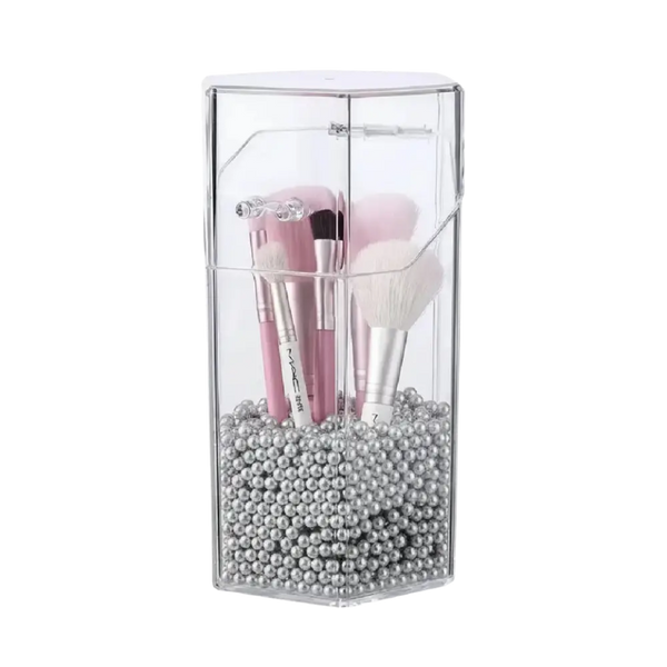 GlamLuxeX™ Transparent Acrylic Makeup Brush Storage Bucket – Dustproof Flip Cover Organizer with Colorful Pearls for Vanity & Cosmetic Brushes - ChicstyleX
