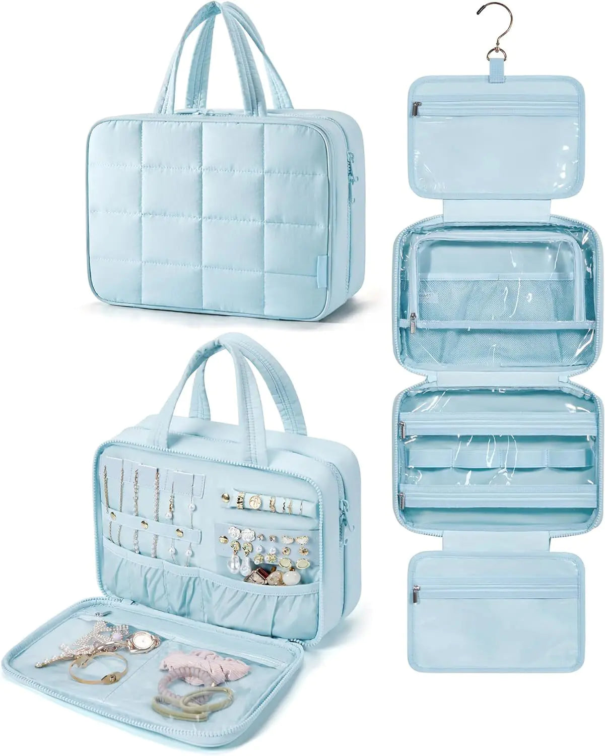 Set of light blue jewelry organizers with various compartments on a white background