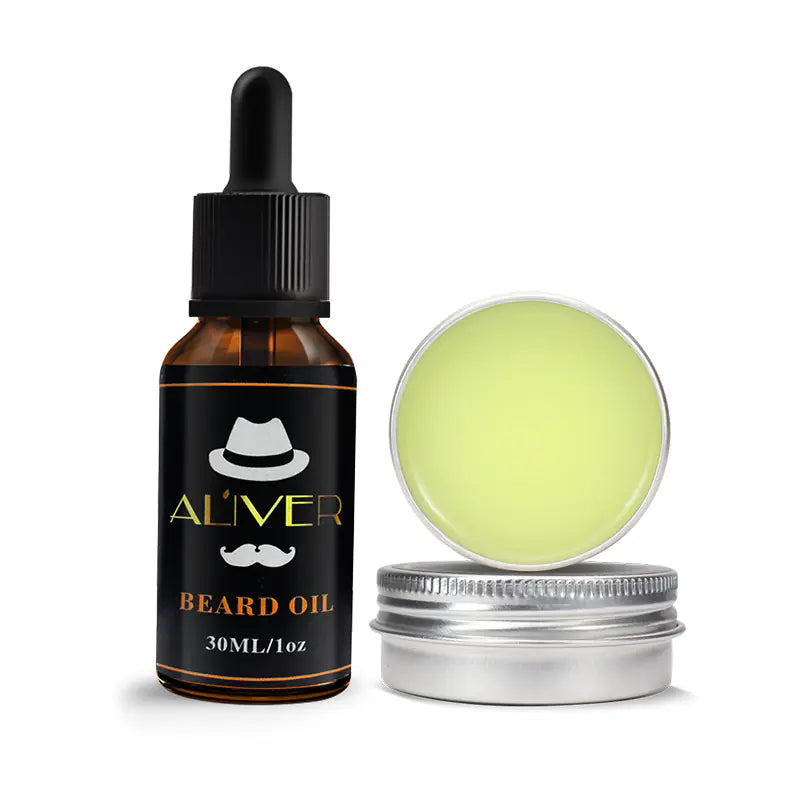 Bottle of Aliver beard oil and a container of beard balm on a white background