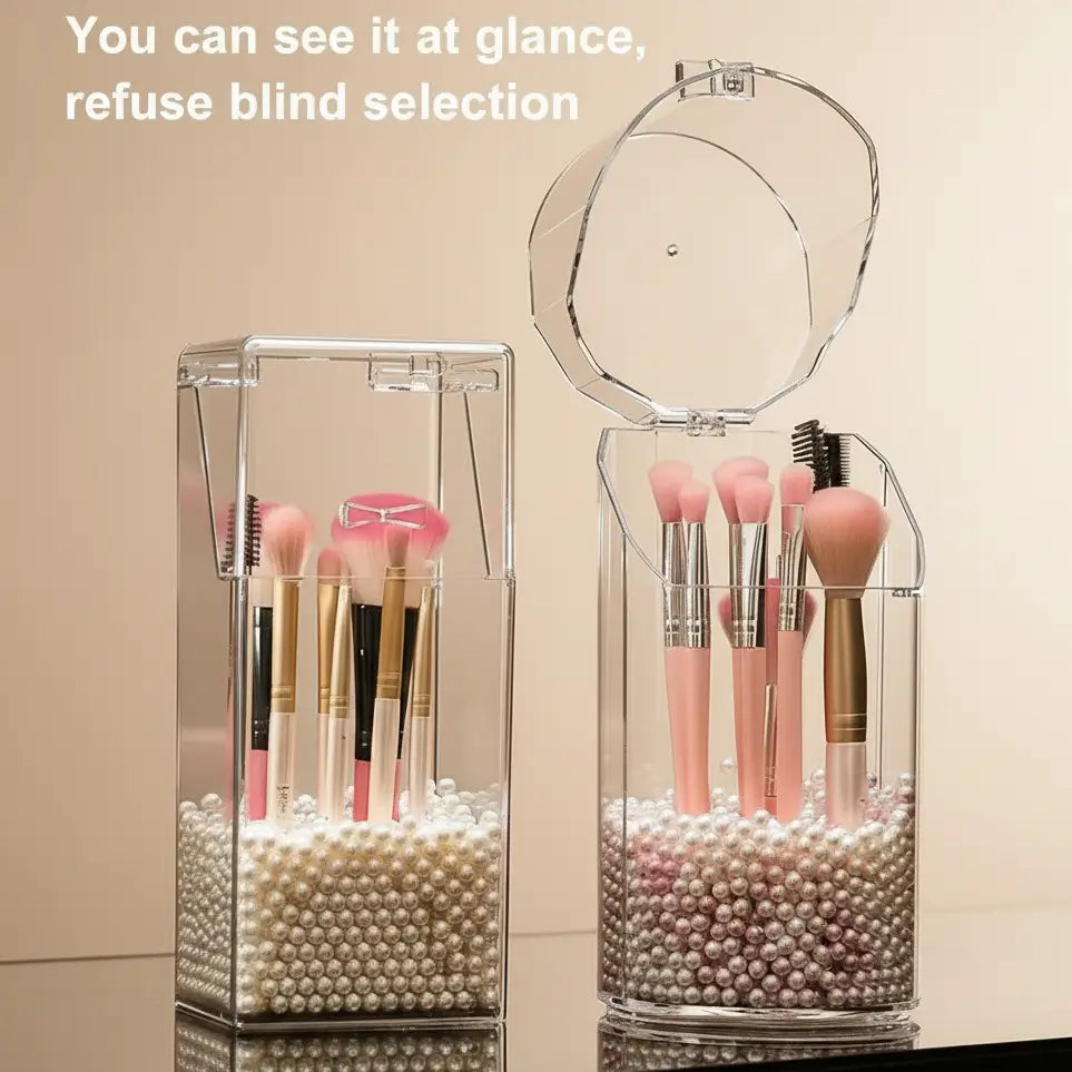 GlamLuxeX™ Transparent Acrylic Makeup Brush Storage Bucket – Dustproof Flip Cover Organizer with Colorful Pearls for Vanity & Cosmetic Brushes - ChicstyleX