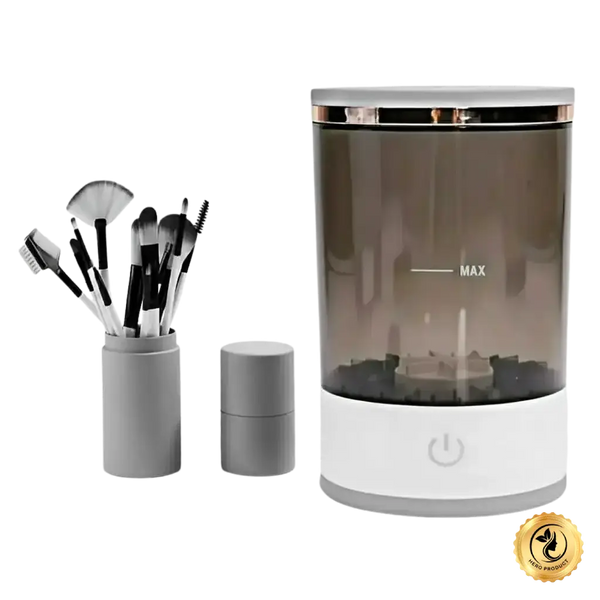 Cosmetic brush set with a cylindrical humidifier on a white background