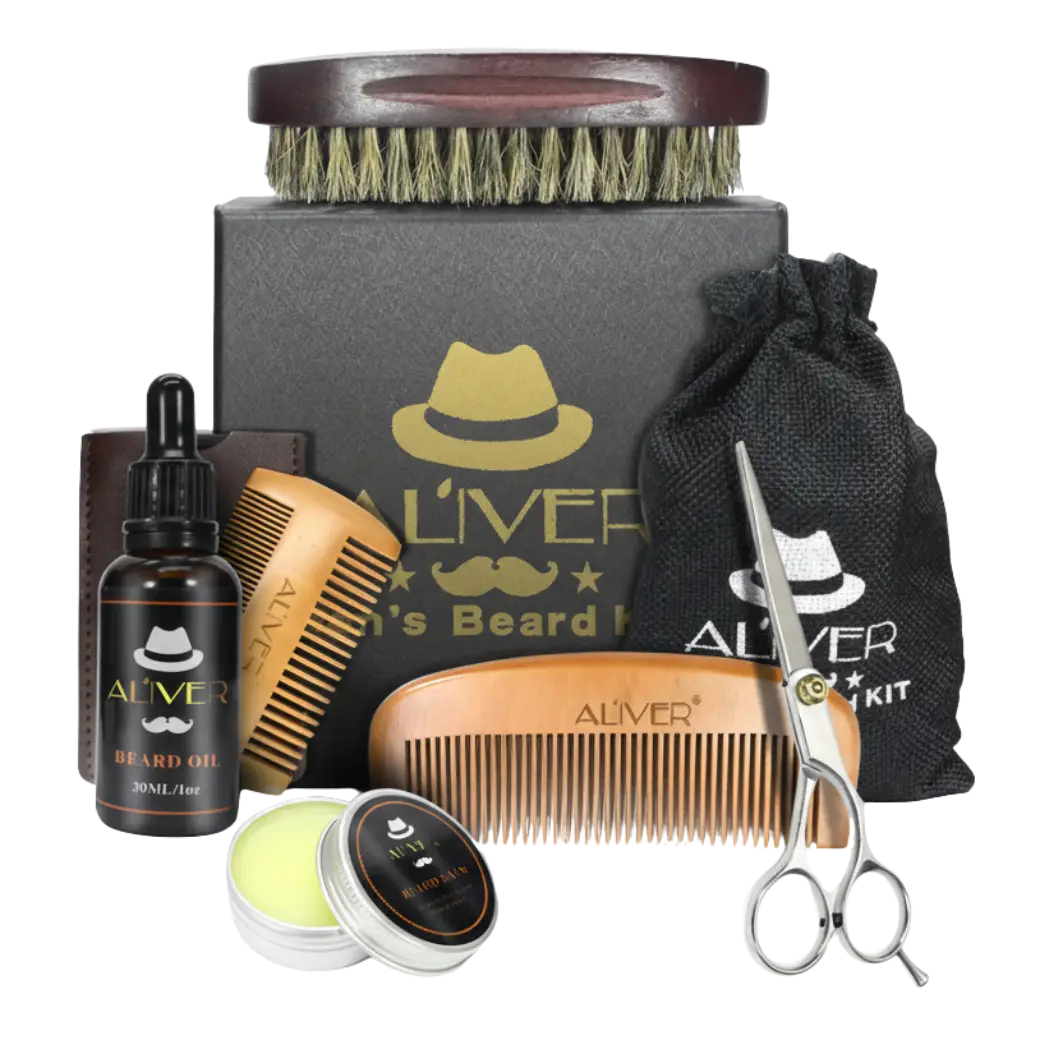 Al'iver beard grooming kit with various tools and products on a white background