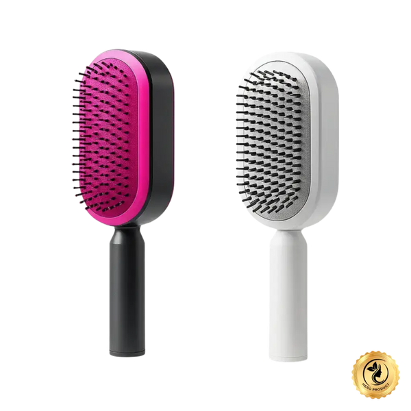 Two pet grooming brushes, one pink and black, the other white, on a white background.