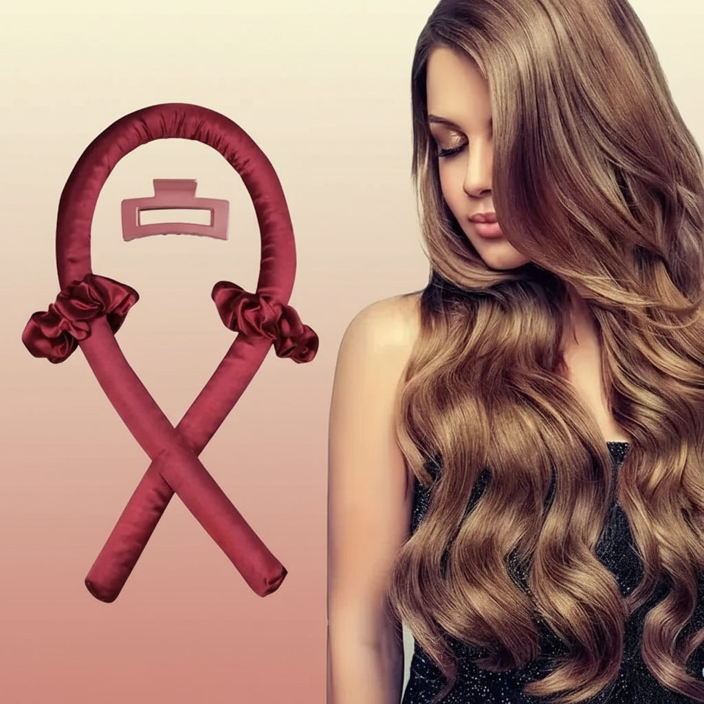 Burgundy curling rod with model showing results