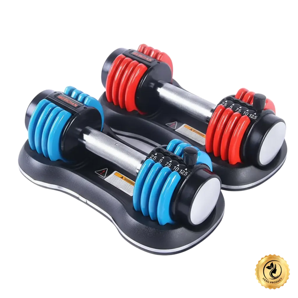Pair of adjustable dumbbells with blue and red weight plates on a white background