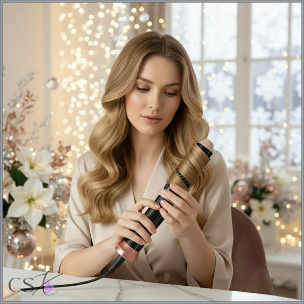 Woman using a hair straightener in a stylish room with decor elements.