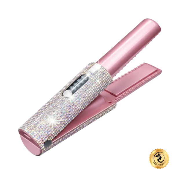 Pink hair straightener with rhinestone embellishments on a white background