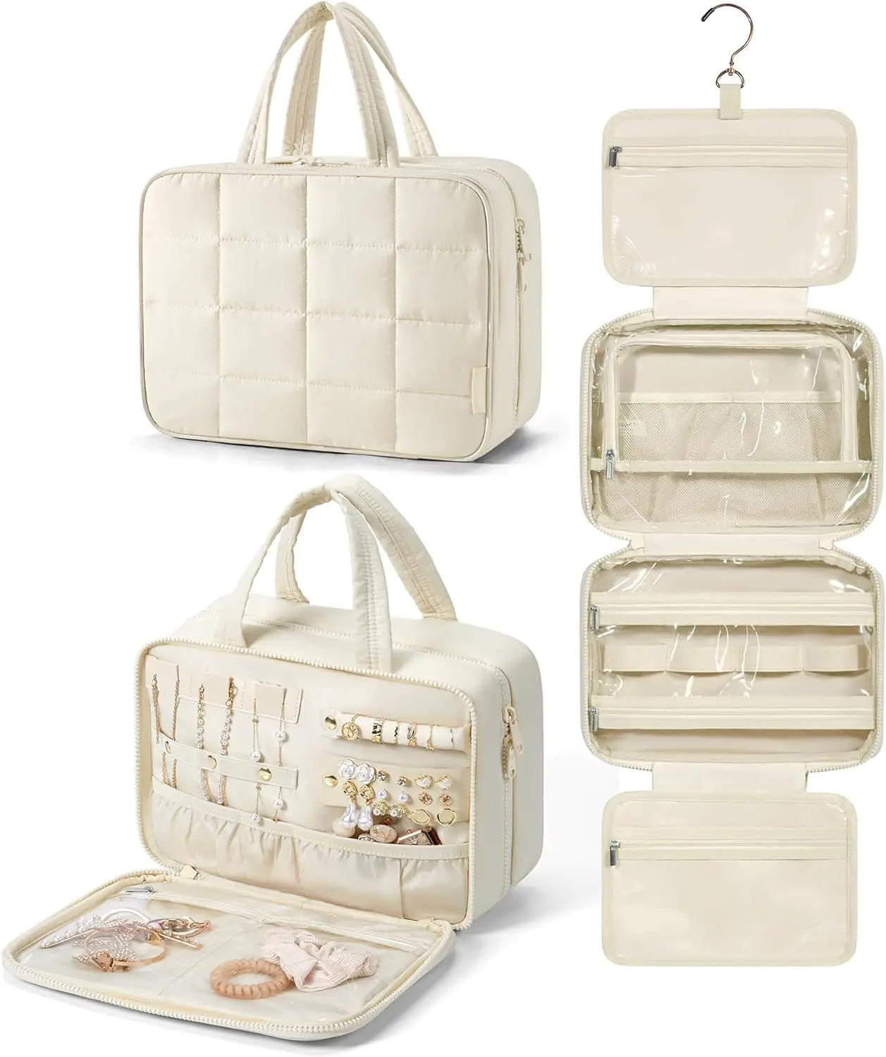 Beige travel jewelry organizer with multiple compartments on a white background