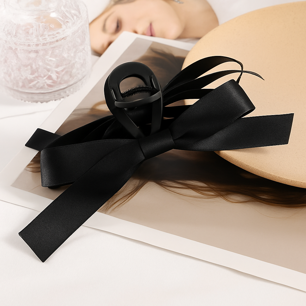 Enhanced Black Ribbon Hair Accessory Flat Lay
