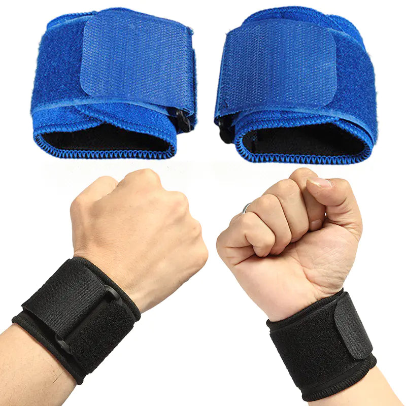 Blue and black wrist wraps on wrists with fists clenched against a white background