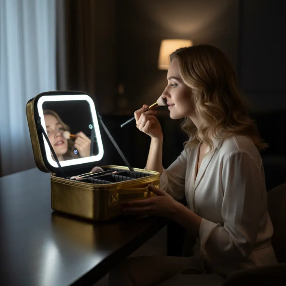 GlamLuxeX™ Lumiglow Golden + Aurora Luxury PU Makeup Bag Set, Travel Cosmetic Organizer Case for Women, Portable Beauty Storage Pouch - ChicstyleX