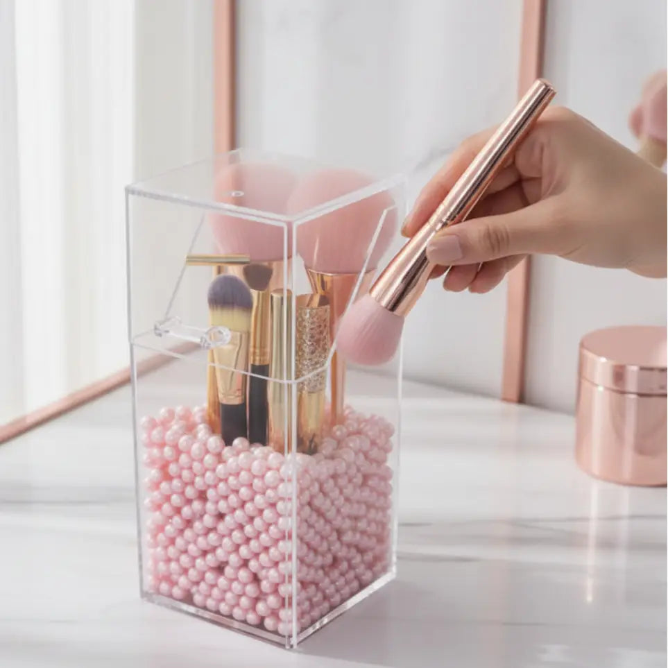 GlamLuxeX™ Transparent Acrylic Makeup Brush Storage Bucket – Dustproof Flip Cover Organizer with Colorful Pearls for Vanity & Cosmetic Brushes - ChicstyleX