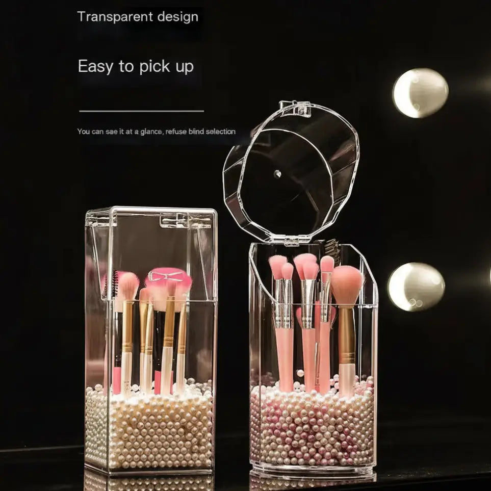 GlamLuxeX™ Transparent Acrylic Makeup Brush Storage Bucket – Dustproof Flip Cover Organizer with Colorful Pearls for Vanity & Cosmetic Brushes - ChicstyleX
