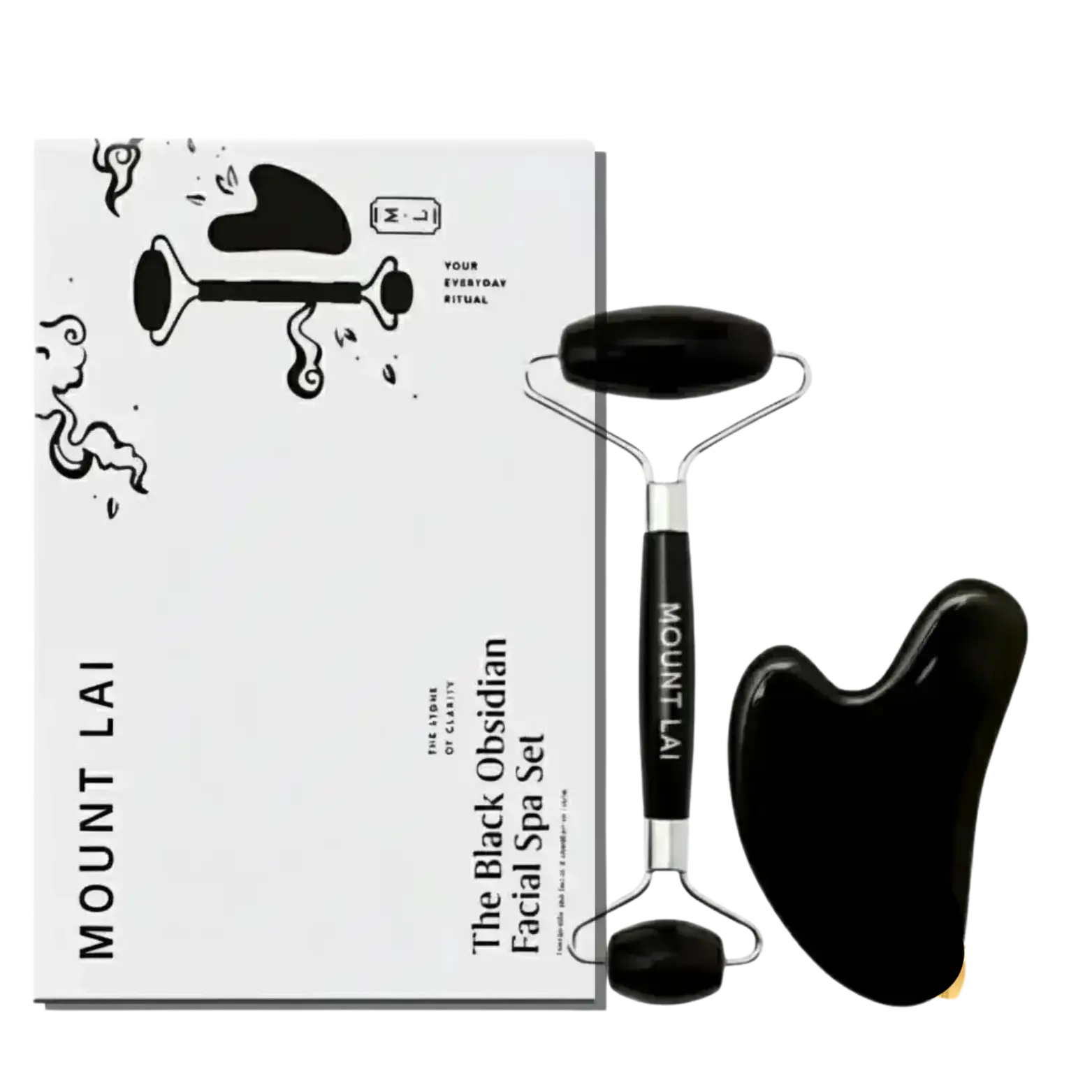 Mount Lai Black Obsidian Facial Spa Set with roller and gua sha tool on a white background