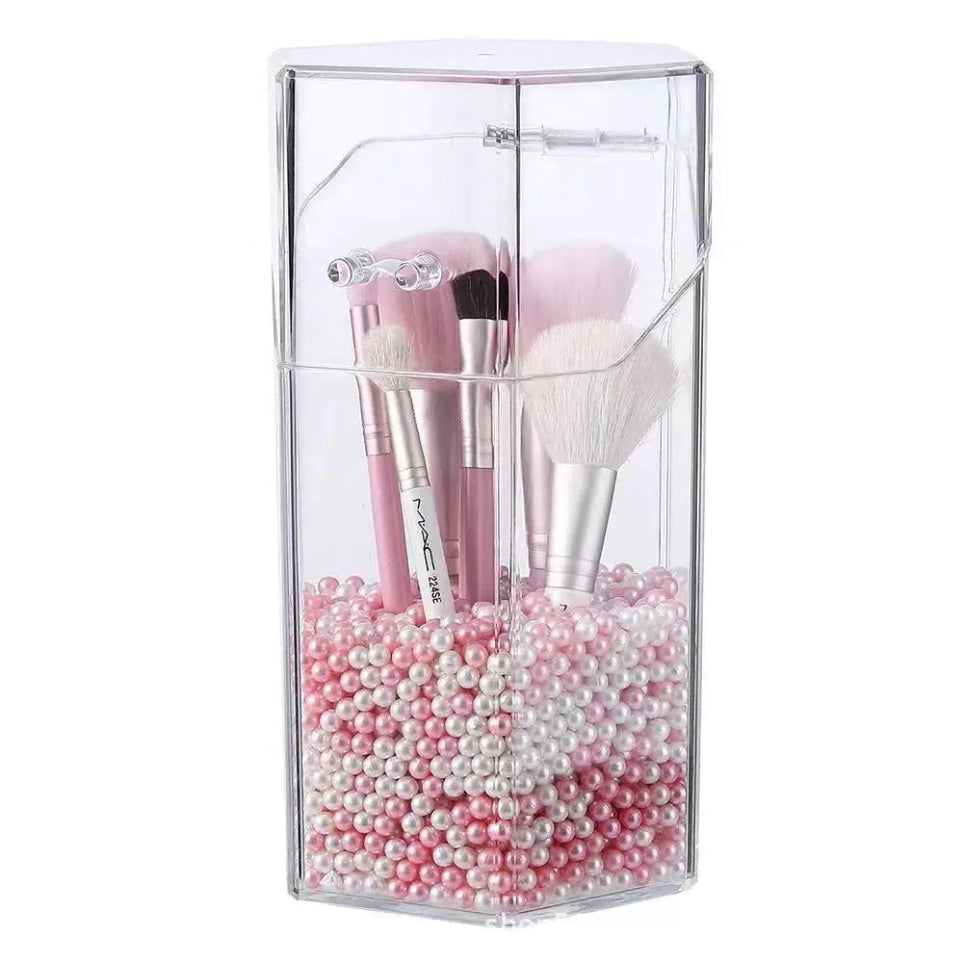 GlamLuxeX™ Transparent Acrylic Makeup Brush Storage Bucket – Dustproof Flip Cover Organizer with Colorful Pearls for Vanity & Cosmetic Brushes - ChicstyleX