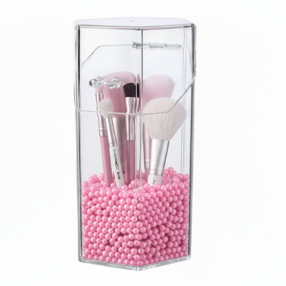 GlamLuxeX™ Transparent Acrylic Makeup Brush Storage Bucket – Dustproof Flip Cover Organizer with Colorful Pearls for Vanity & Cosmetic Brushes - ChicstyleX