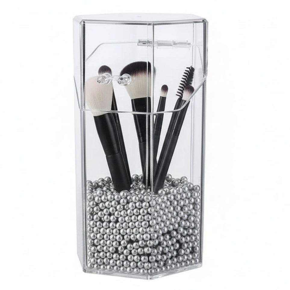 GlamLuxeX™ Transparent Acrylic Makeup Brush Storage Bucket – Dustproof Flip Cover Organizer with Colorful Pearls for Vanity & Cosmetic Brushes - ChicstyleX