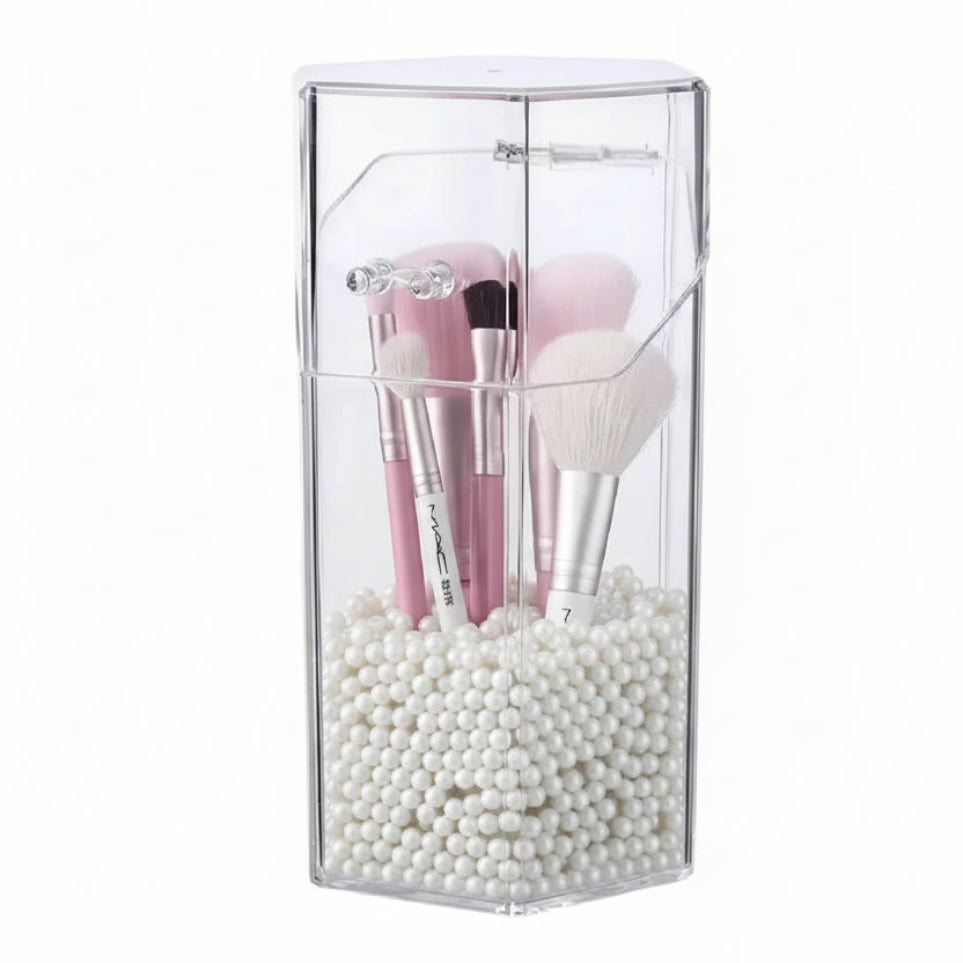 GlamLuxeX™ Transparent Acrylic Makeup Brush Storage Bucket – Dustproof Flip Cover Organizer with Colorful Pearls for Vanity & Cosmetic Brushes - ChicstyleX