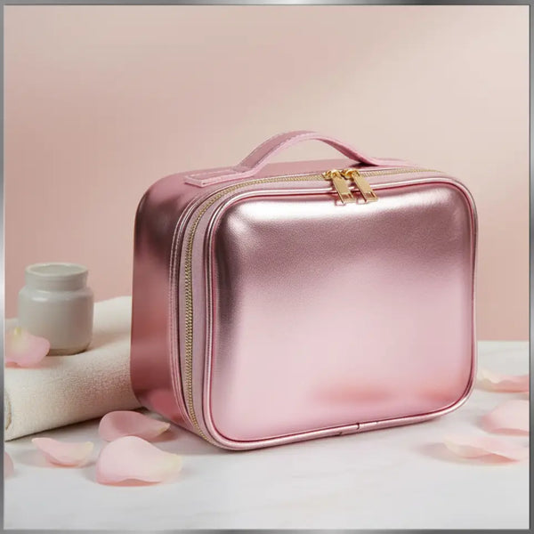 GlamLuxeX™ Lumiglow Golden + Aurora Luxury PU Makeup Bag Set, Travel Cosmetic Organizer Case for Women, Portable Beauty Storage Pouch - ChicstyleX