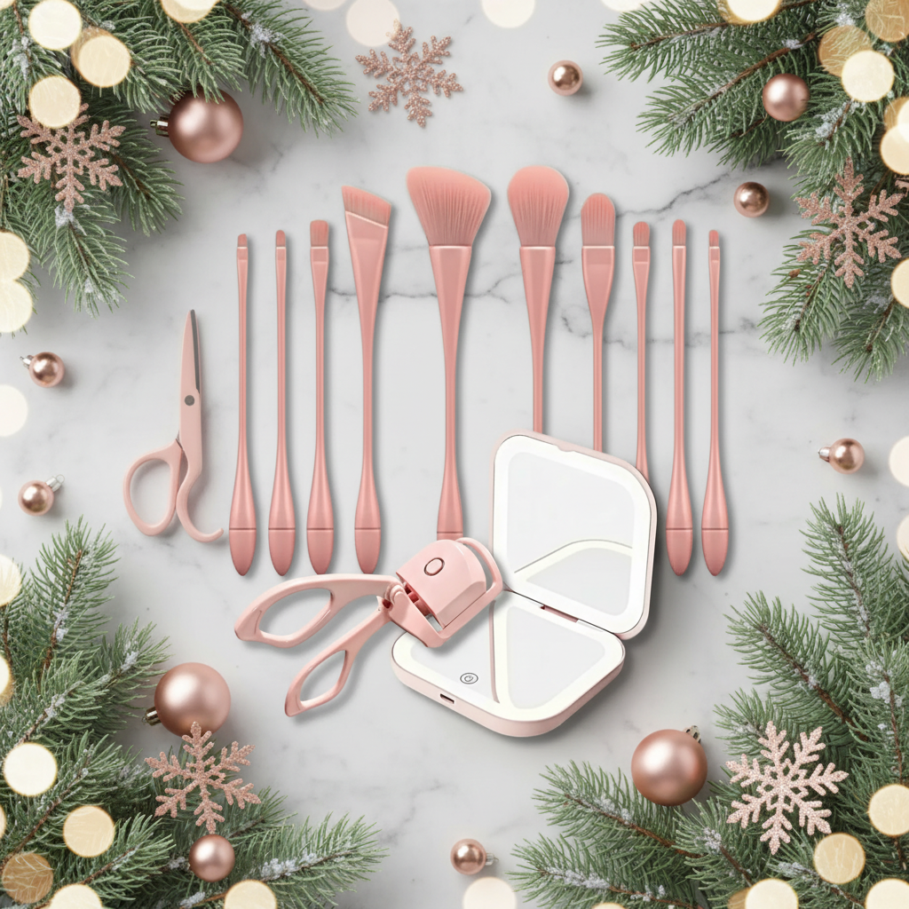 ChicSetX™ Pretty & Glam Trio | 10-Piece Pink Makeup Brush Set + Compact LED Makeup Mirror + Electric Eyelash Curler Bundle  Sets & Bundles ChicstyleX.