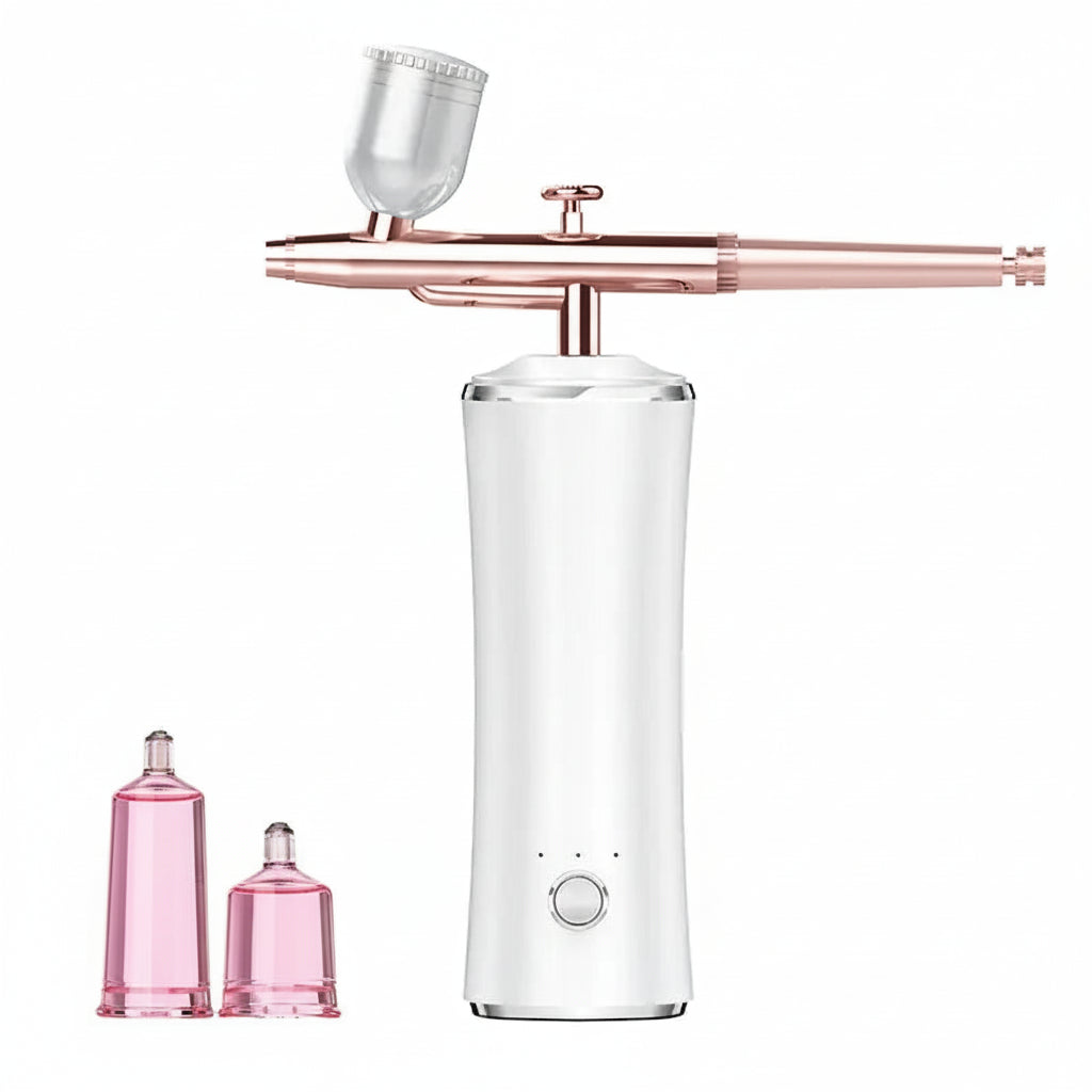 Clear electronic device with pink bottles on a white background
