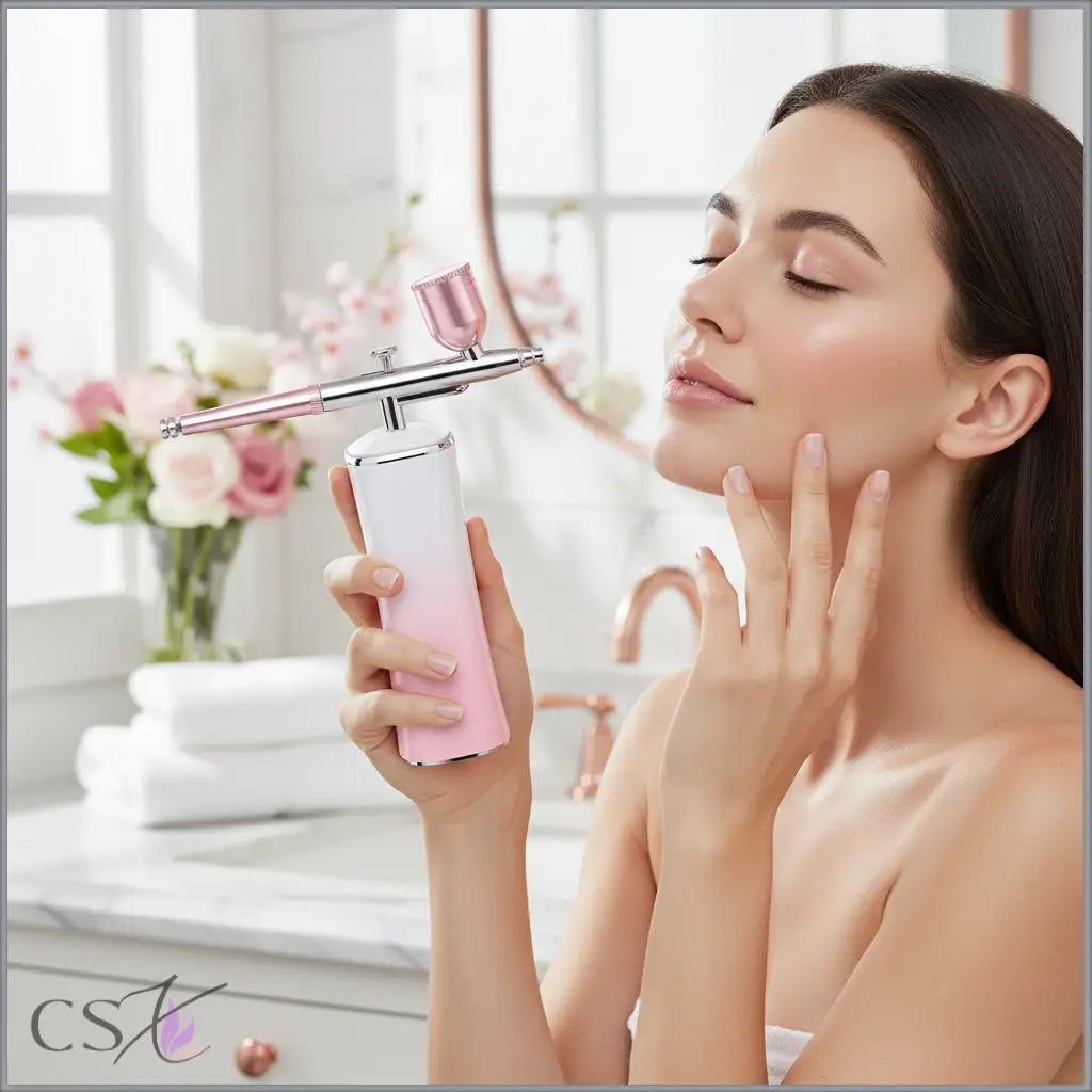 Woman using a pink and silver airbrush device in a bathroom setting