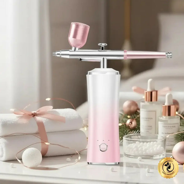 Pink and white skincare device on a table with skincare products and decorative items.