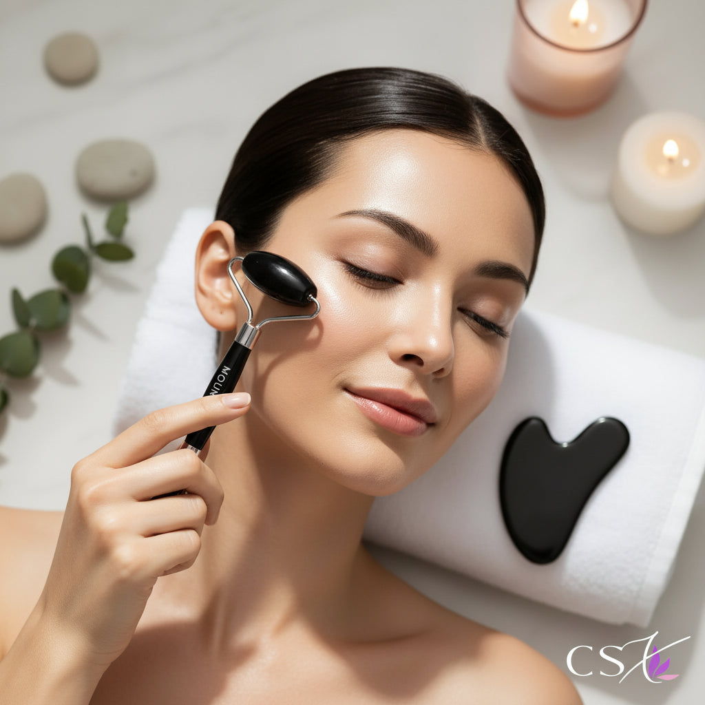 ChicSetX™ Obsidian Spa - Jade Face Roller & Gua Sha Set, Traditional Chinese Facial Massage Tools for Glowing, Sculpted Skin  Beauty Tools ChicstyleX.