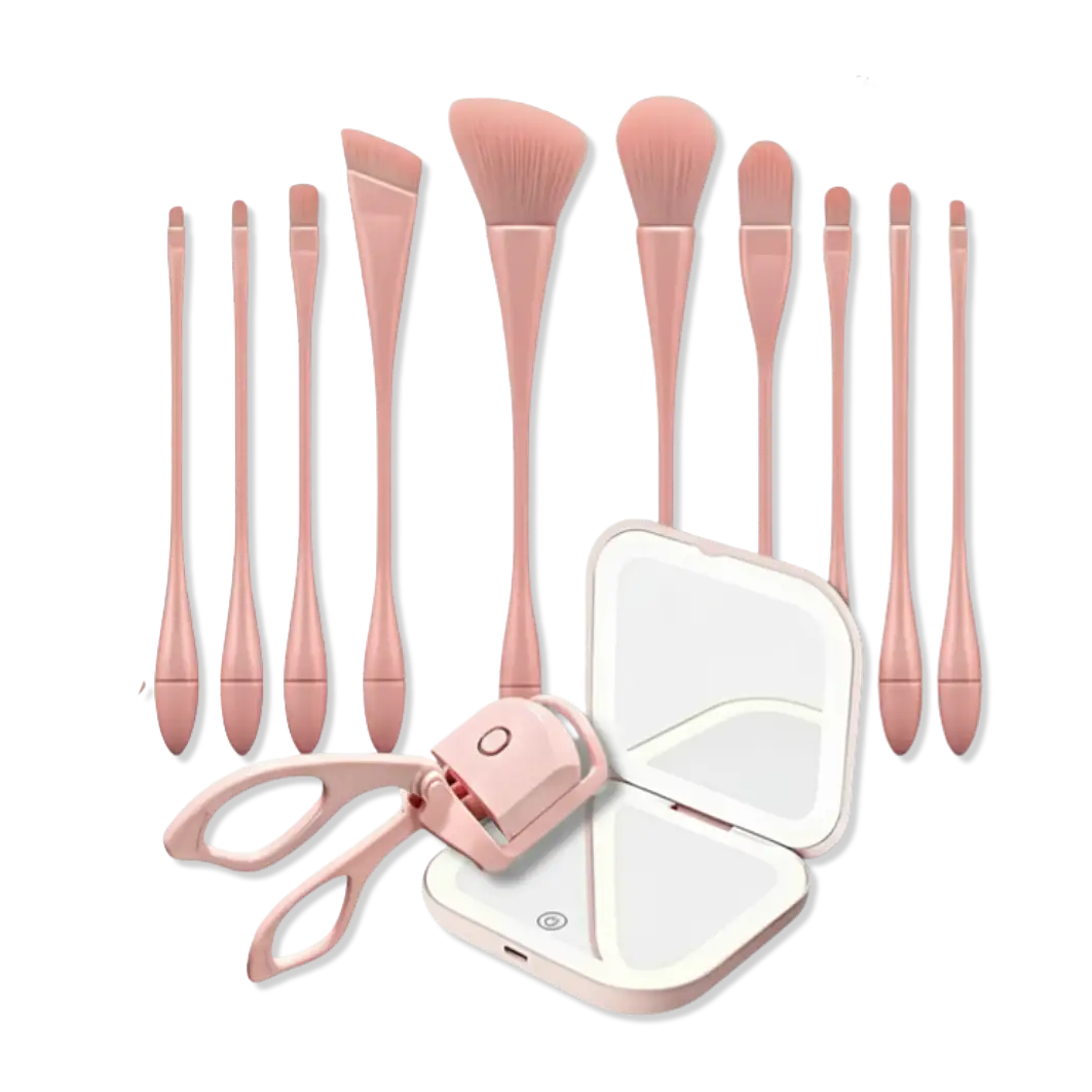 ChicSetX™ Pretty & Glam Trio | 10-Piece Pink Makeup Brush Set + Compact LED Makeup Mirror + Electric Eyelash Curler Bundle  Sets & Bundles ChicstyleX.