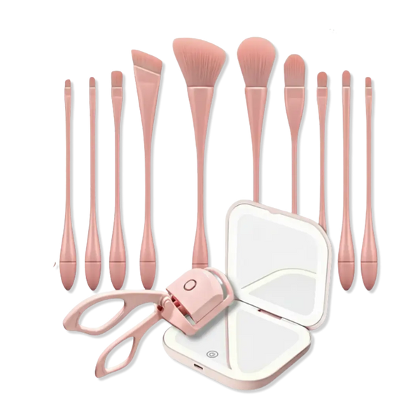 ChicSetX™ Pretty & Glam Trio | 10-Piece Pink Makeup Brush Set + Compact LED Makeup Mirror + Electric Eyelash Curler Bundle  Sets & Bundles ChicstyleX.